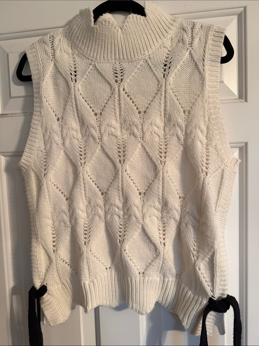 Talbots Cream Cable Knit Sleeveless Turtleneck Sweater Vest with Black Side Ties